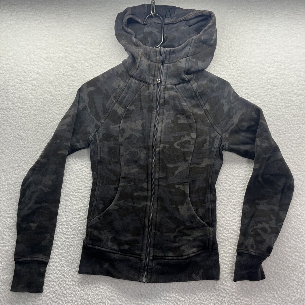 Lululemon Hoodie Womens 2 Green Camo Sweatshirt Jacket zips Casual Hiking Active